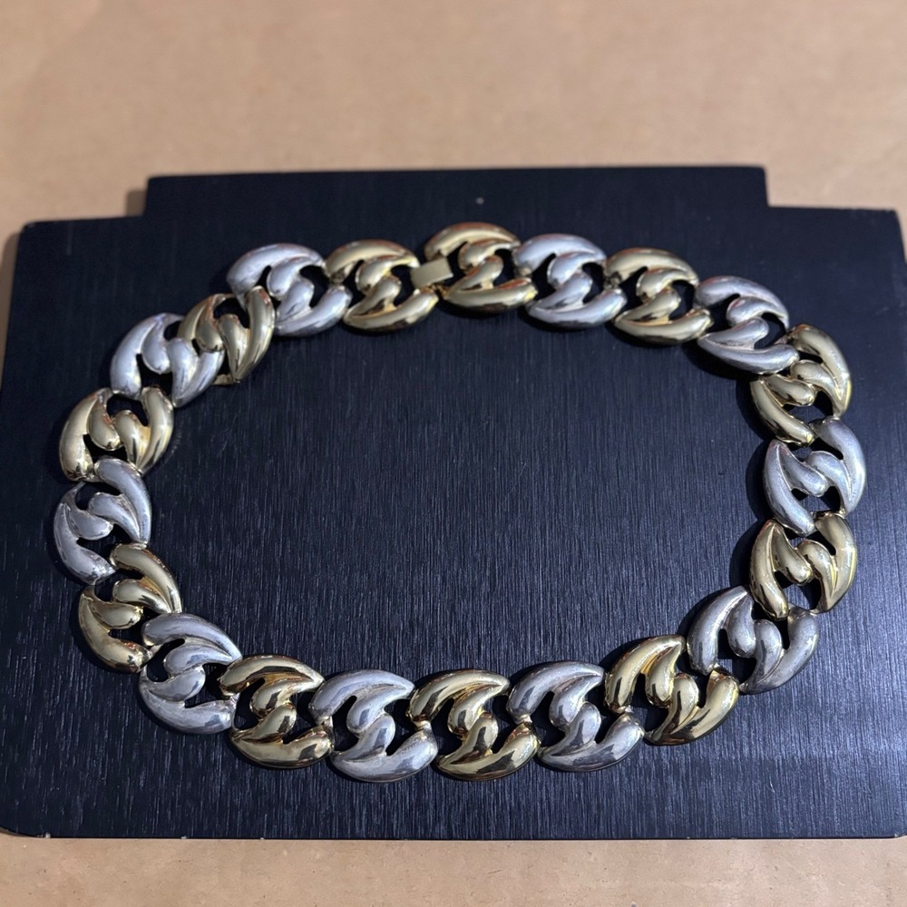 Vintage Two Tone Chunky Link Necklace Gold Silver Mixed Metal Statement 17 Inch